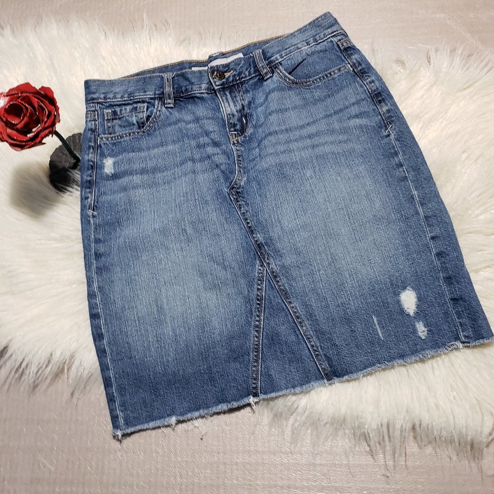 Old Navy distressed jeans mini skirt 100% Cotton raw hem - back slit zipper